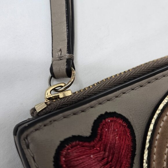 Tory Burch Gray Leather Wallet Peace Sign Heart Zip Coin - Picture 7 of 16